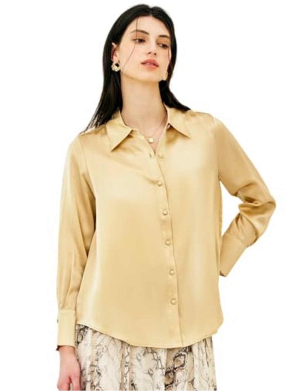 100% Mulberry Silk Blouse Long Sleeve V-Neck Button Down Women's Top